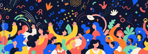 Diverse Crowd Celebrating with Colorful Abstract Shapes and Confetti