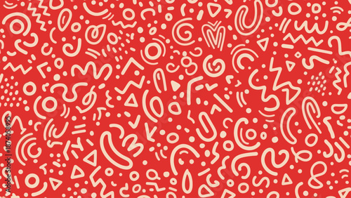 Abstract Memphis Pattern with Cream Shapes on Red Background
