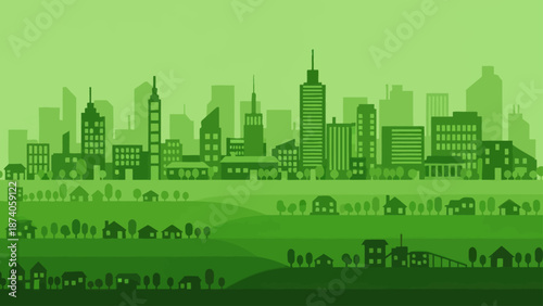 Green Cityscape with Rolling Hills and Houses