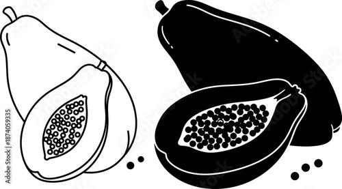 Papaya fruit icon set featuring silhouette and line art illustrations