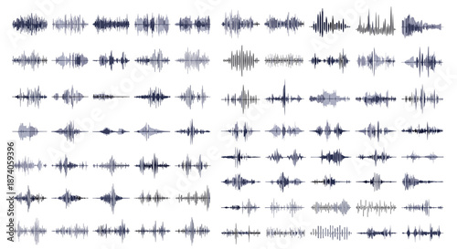 Large variety of sound wave patterns and audio frequency visualization icons in dark grey and blue colors on a white background.