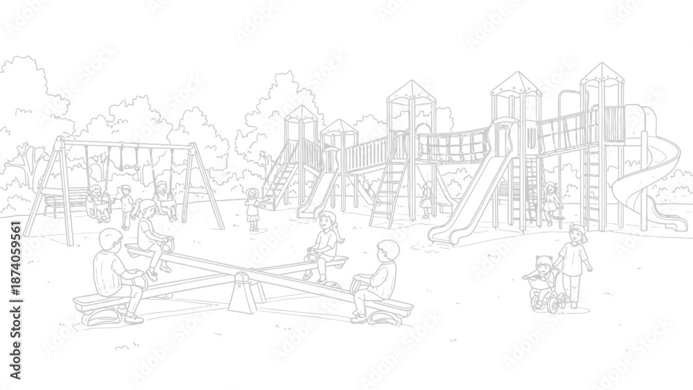Fototapeta premium Children Playing on Playground Equipment: Swings Slides and See-Saw.
