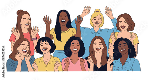 Joyful group of diverse women of different ethnicities laughing and celebrating together with hands raised in excitement.