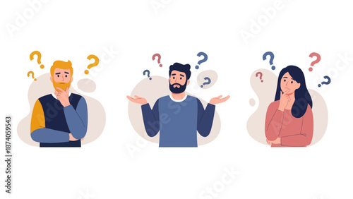 Diverse people confused with question marks, flat design style