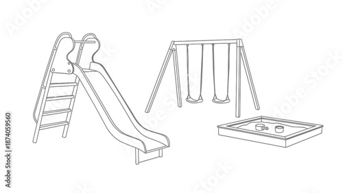Outlined Playground Equipment: Slide Swings and Sandbox Illustration.