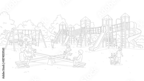 Children Playing on Playground Equipment: Swings Slides and See-Saw.