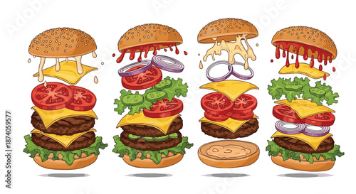 Creative exploded view of four different hamburgers showing layers of buns meat cheese vegetables and sauces in mid air.