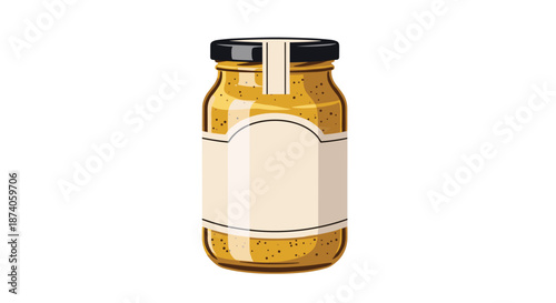 Glass jar filled with yellow mustard featuring a blank white label and a black lid isolated on a white background.