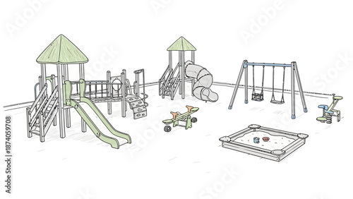 Illustrated Playground Equipment Set with Slides Swings and Sandbox.