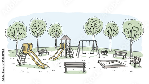 Hand-drawn illustration of a childrens playground with slides swings and sandbox.