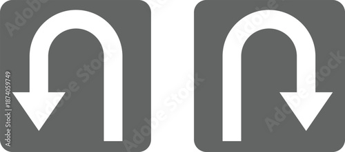 Two white u-turn arrows pointing down inside grey rounded square direction symbol