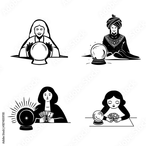 A female sorceress reads tarot cards in front of a magic ball. Vector set of sketches with doodle style