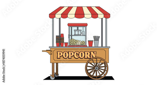 Vintage popcorn cart with red and white striped awning and a glass display case for carnival or movie theater snack stand illustration.
