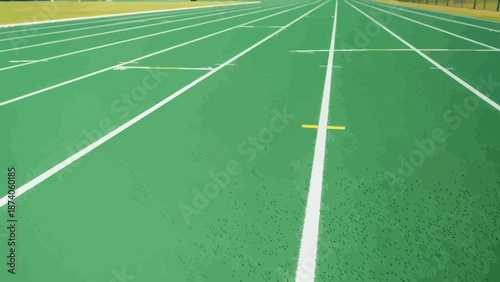 Athletic track perspective with sharp white lines on vibrant green surface extends to distance