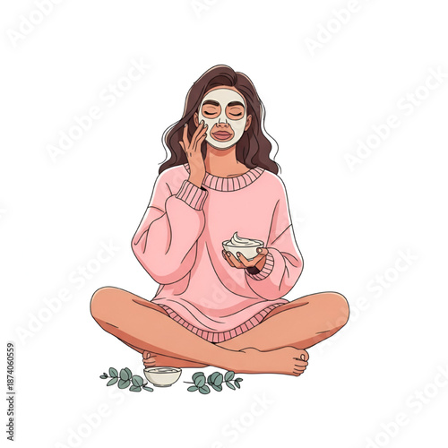 Woman Applying Facial Mask while Meditating in Lotus Position