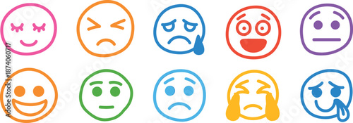Colorful emoji faces illustration set, expressing emotions and moods, happy sad crying smiling icons, modern flat vector design, social communication concept