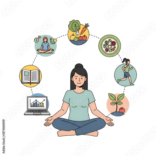 Woman Meditating with Healthy Lifestyle Icons Surrounding Her, Illustrating Wellness and Balance