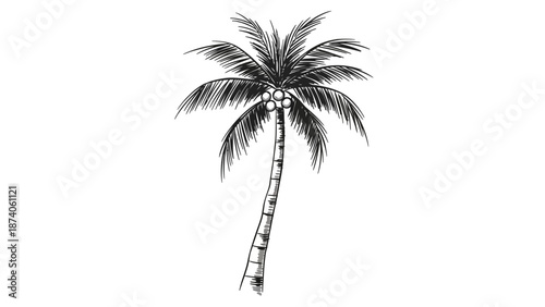 Hand-drawn Coconut Palm Tree Illustration with Detailed Fronds and Coconuts