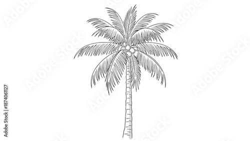 Detailed Black and White Palm Tree Illustration with Coconuts