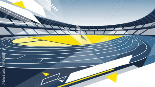Stylized athletic stadium illustration evokes dynamism and competitive spirit atmosphere