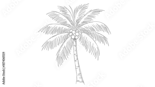 Detailed Gray Sketch of a Coconut Palm Tree with Coconuts