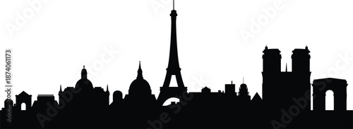 Black Silhouette Skyline of Paris Featuring Eiffel Tower and Notre Dame vector illustration