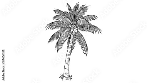 Detailed Black and White Coconut Palm Tree Illustration on White Background