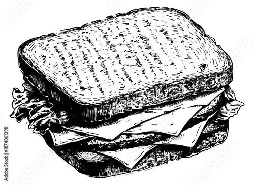 Hand drawn line art illustration of a sandwich depicting a classic deli meal for food menus and restaurant promotions