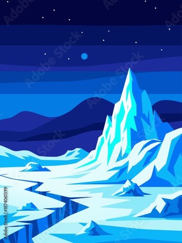 Vibrant vector illustration of an arctic landscape with icy mountains, frozen terrain, and a starry night sky, evoking a sense of cold and adventure