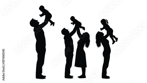 A happy family of parents and children playing together in silhouette