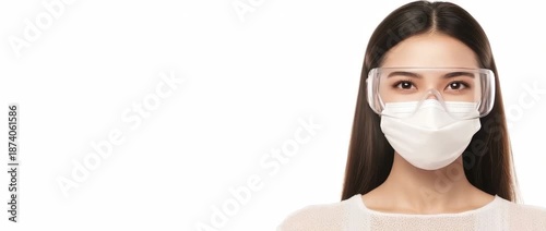 Close up portrait of Asian woman wearing protective face mask and safety goggles