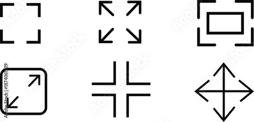 Set of minimalist black outline icons for screen focus, full screen, scale, and cross hair navigation isolated on white.