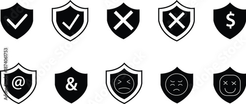 Collection of black security shield icons featuring check marks, crosses, dollar signs, and expressive emoji faces for protection.