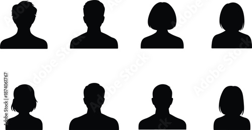 Diverse Male and Female Silhouette Profile Icons Set Black and White Keywords: silhouette, profile, icon, person, avatar, user