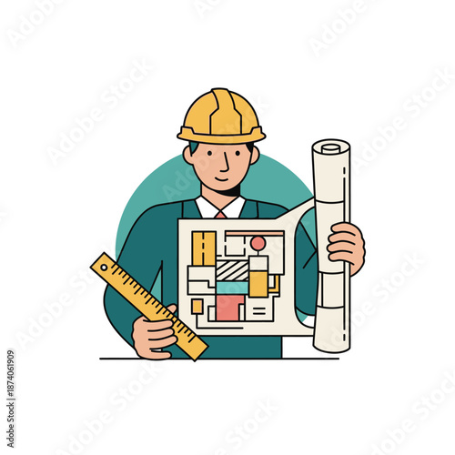 Architectural Engineer Holding Blueprints and Measuring Tools.
