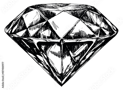 Hand drawn line art illustration of a diamond depicting a sparkling gem for luxury and wealth concepts