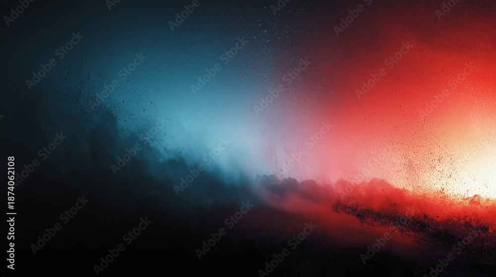 Fototapeta premium A striking abstract background showcases a dynamic horizontal gradient transition from a deep, cool blue on the left to a fiery, warm red on the right, punctuated by sparkling scattered particles.