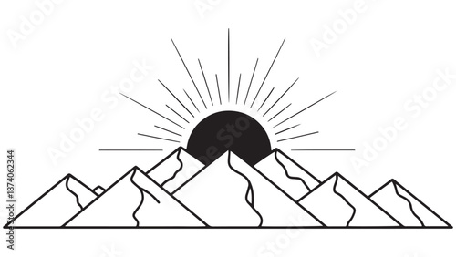 Minimal Line Illustration Of A Sunrise Over Mountain Peaks Conveying Renewal, Landscape Tranquility And Morning Atmosphere