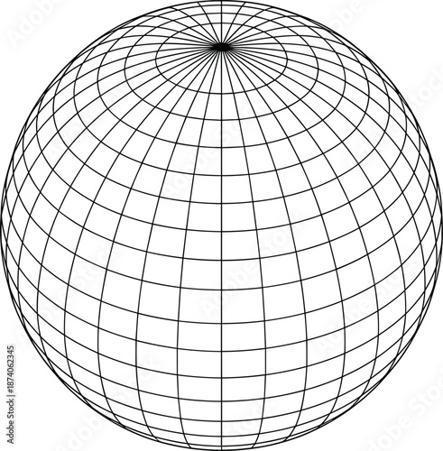 Wireframe sphere globe, abstract geometric grid ball illustration, futuristic technology design, global network concept, 3D mathematical structure, minimal black white graphic