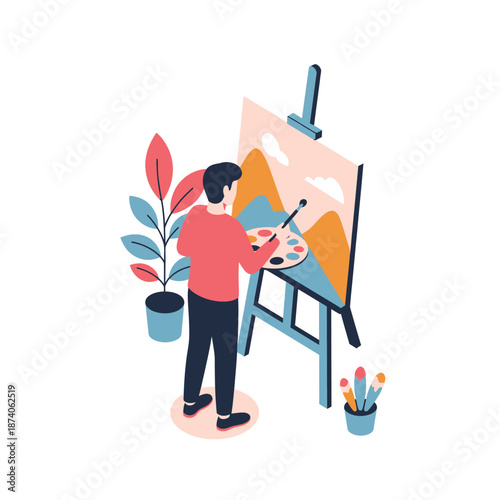 Artist painting a landscape on an easel with a palette.