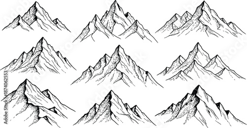 Minimalist Black and White Line Art Mountain Vector Set On White Background