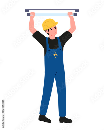 Replacement of Linear LED Lamp. Electrician in blue jumpsuit performs work in office. Electric repair service illustration.