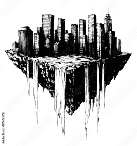 Hand drawn line art illustration of a floating city island depicting cascading waterfalls and urban skyscrapers for fantasy design projects