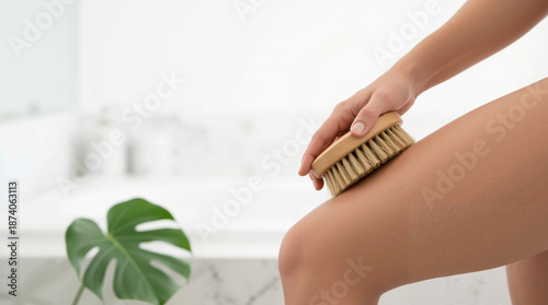Young light-skinned woman feeling refreshed performing a dry body massage with a wooden brush in a clean, minimalist bathroom