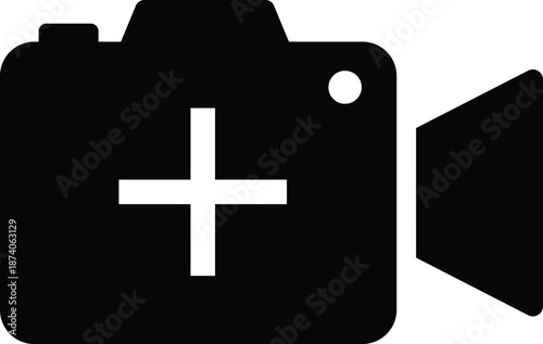Black camera with white plus sign and lens record