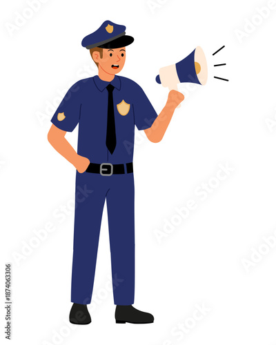Police announcement. Strict policeman shouts loudly into megaphone. Flat vector illustration wirh Dangerous situation