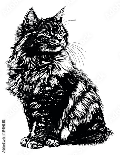 Hand drawn line art illustration of an alert fluffy cat sitting for pet and animal themed designs