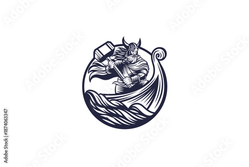 Viking Warrior in a Boat: A formidable Viking warrior wielding a war hammer navigates a longboat through churning ocean waves, a symbol of strength and seafaring prowess. 