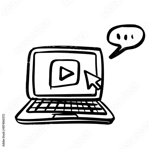 Hand Drawn Laptop with Video Player and Speech Bubble Illustration.