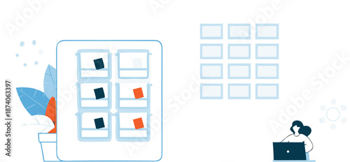 Flat ai workflow showing intelligent task sorting and prioritization on a digital interface with a person working on a laptop